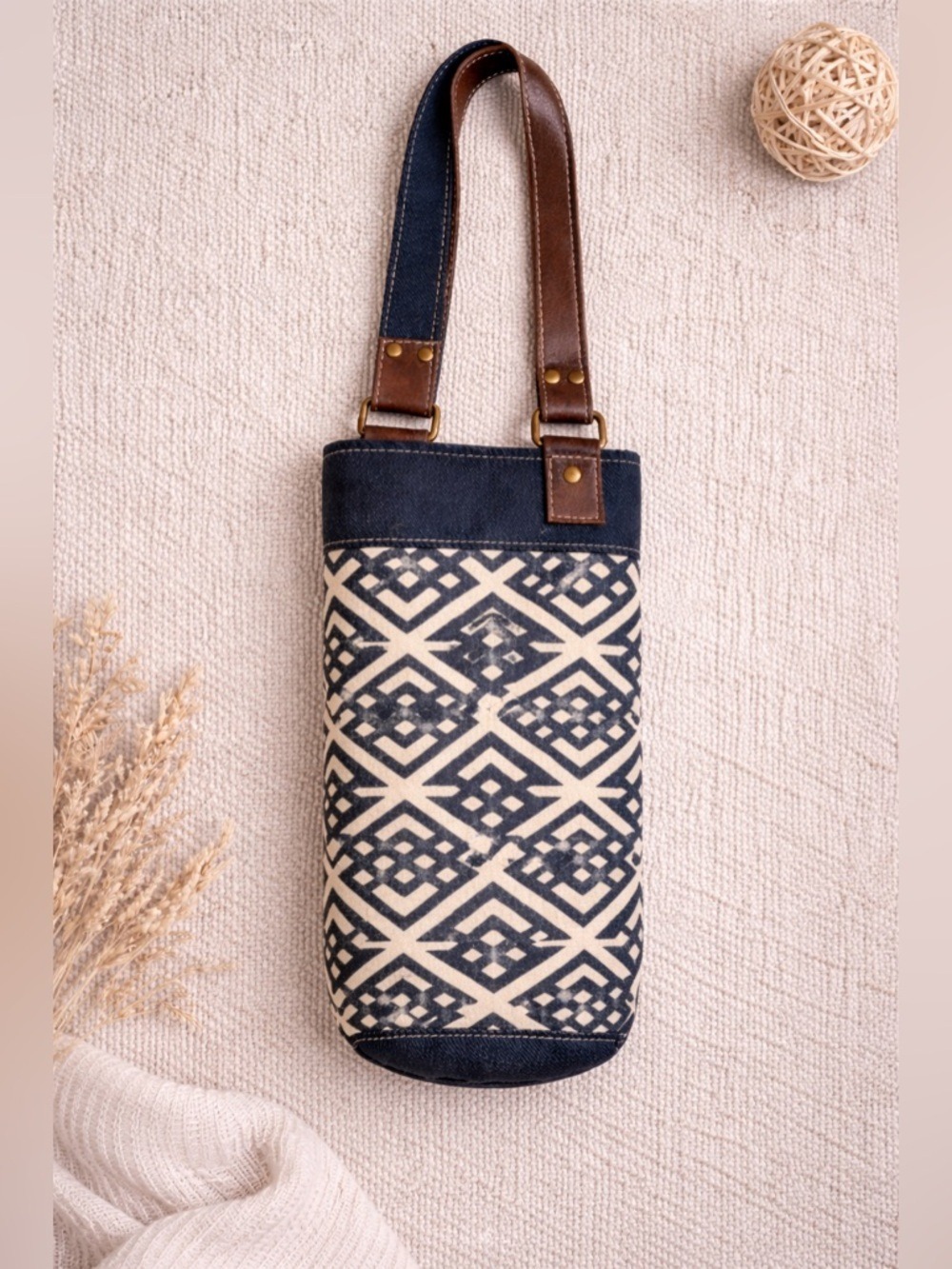 Myra Bag Wine Bottle Carrier Boho Canvas Leather Aztec Print Wine Tote Gift Bag
